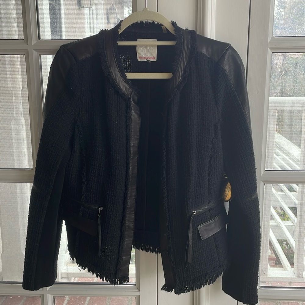 Rebecca Taylor Women's Tweed Jacket – 60s-Inspired Boucle With Black Patent Trim, Cream